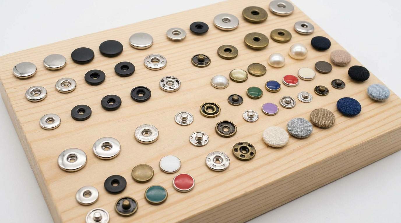 capped snap fasteners, Capped snap fasteners in assorted sizes, colors, and finishes are neatly displayed on a wooden sample board.
